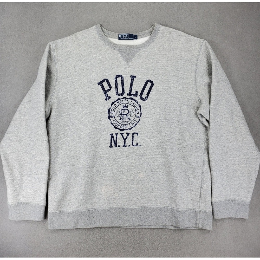 Polo Ralph Lauren Sweatshirt Men L Gray NYC Collegiate Graphic Pullover V-Stitch